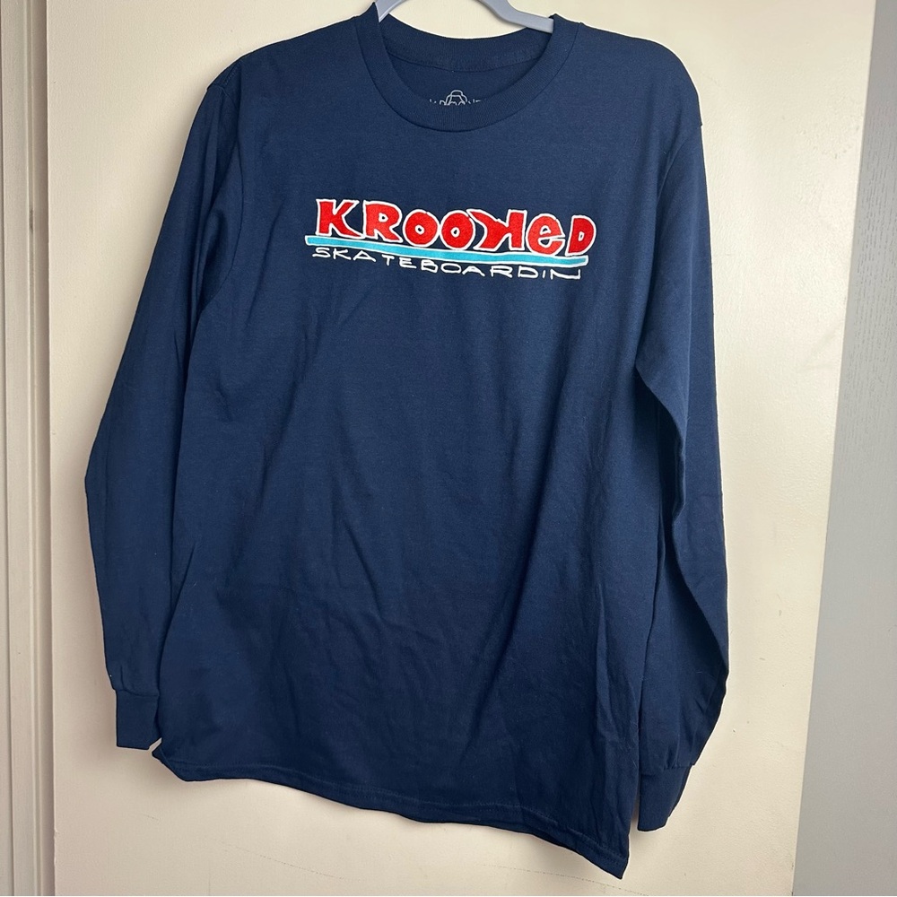 Krooked Navy Blue 100% Cotton Long Sleeves Crew Neck Skateboarding T-Shirt NWT M